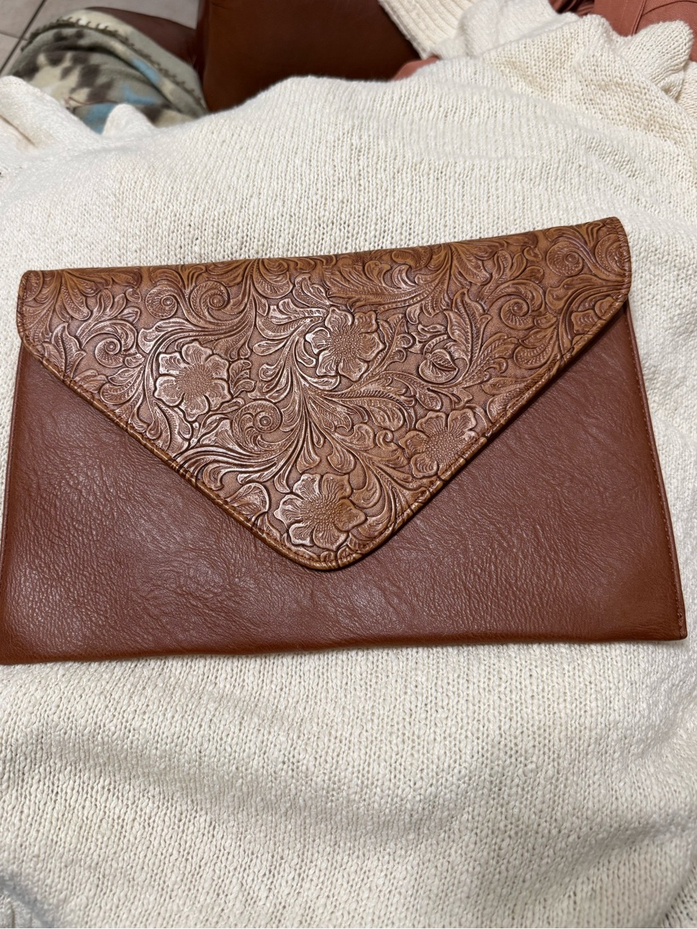 Embossed Leather-Faux Brown Envelope Clutch - Picture 2 of 8